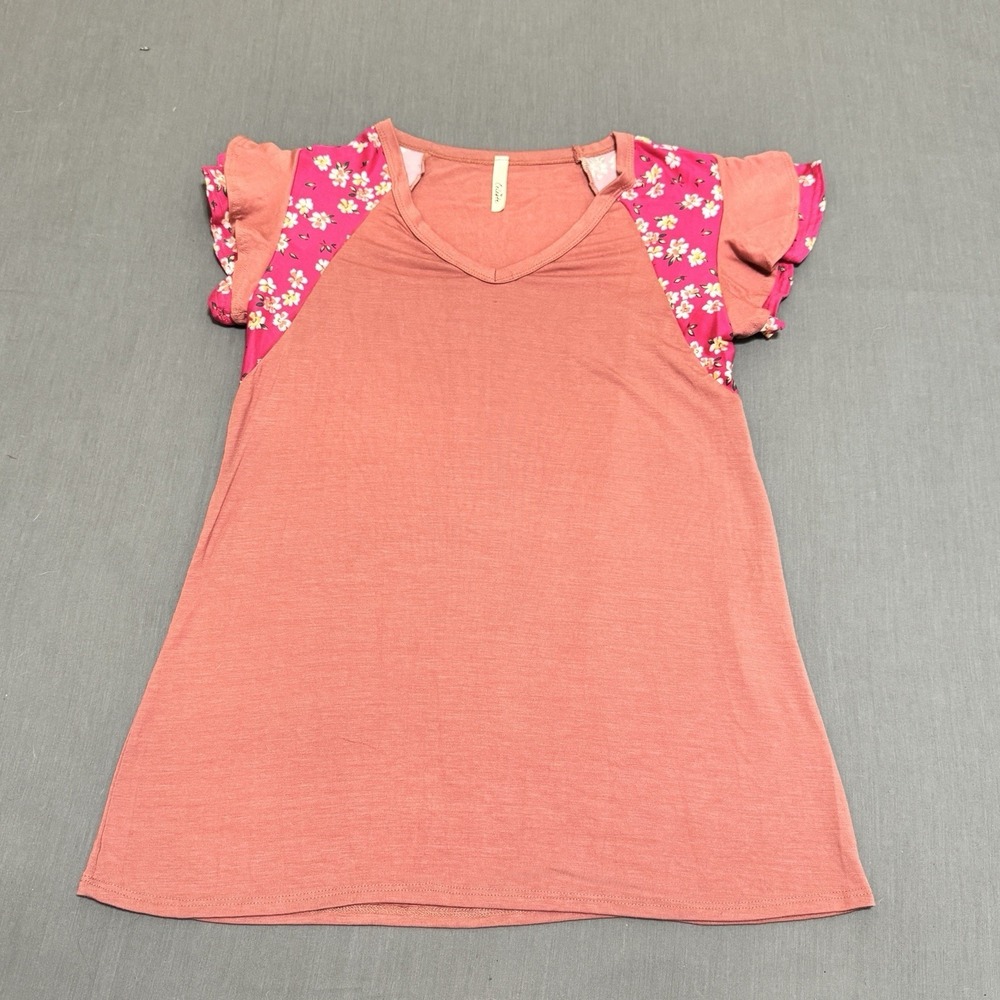 CELESTE Women's Pink Top Ruffled Floral Short Sleeves Y2K Made In USA Size Small